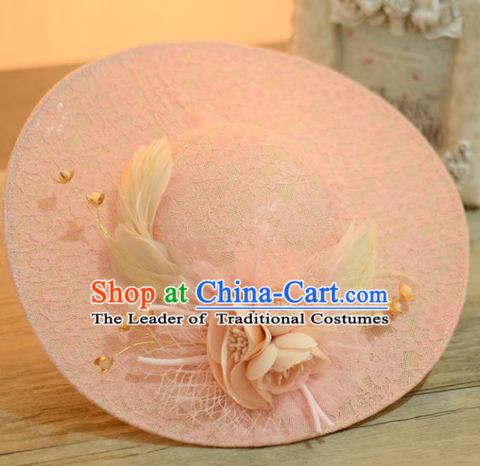 Top Grade Handmade Chinese Classical Hair Accessories Princess Wedding Baroque Hat Headwear Pink Flowers Feather Top Hat for Women