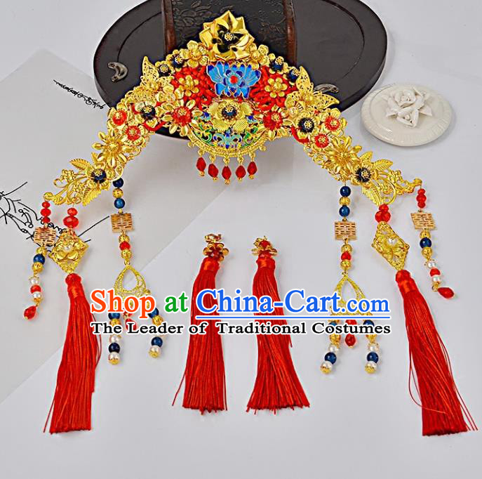 Traditional Handmade Chinese Wedding Xiuhe Suit Bride Hair Accessories Tassel Phoenix Coronet, Step Shake Hanfu Hairpins for Women