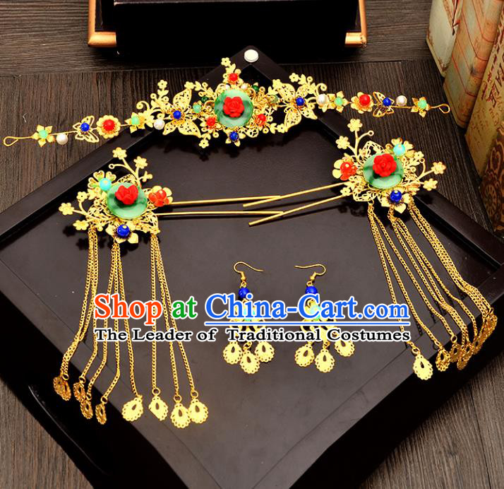 Traditional Handmade Chinese Wedding Xiuhe Suit Bride Hair Accessories Tassel Phoenix Coronet Complete Set, Green Jade Step Shake Hanfu Hairpins for Women