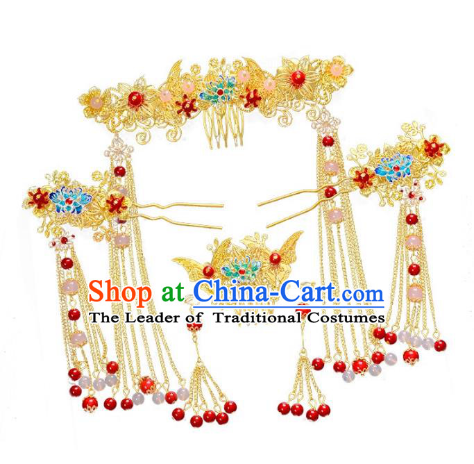 Traditional Handmade Chinese Wedding Xiuhe Suit Bride Hair Accessories Hair Comb Complete Set, Step Shake Hanfu Hairpins for Women