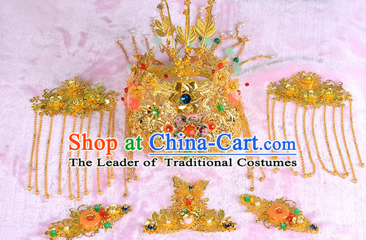 Traditional Handmade Chinese Wedding Xiuhe Suit Bride Hair Accessories Complete Set Empress Phoenix Coronet, Step Shake Hanfu Hairpins for Women