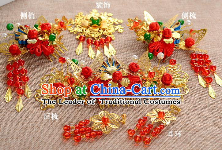 Traditional Handmade Chinese Wedding Xiuhe Suit Bride Hair Accessories Complete Set Chinese Knots Hair Comb, Step Shake Hanfu Hairpins for Women