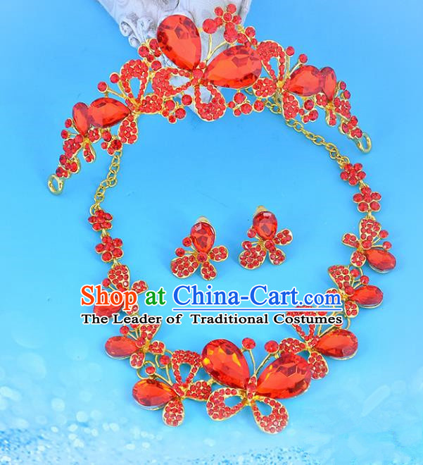 Top Grade Handmade Chinese Classical Jewelry Accessories Wedding Red Crystal Butterfly Royal Crown and Necklace Earrings Bride Hanfu Headgear for Women