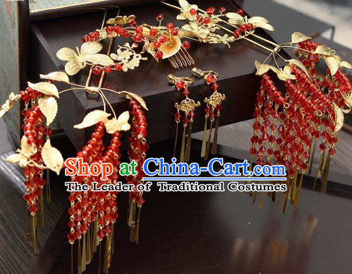 Traditional Handmade Chinese Wedding Xiuhe Suit Bride Hair Accessories Hair Comb and Hairpins Complete Set, Red Tassel Step Shake Hanfu Hairpins for Women