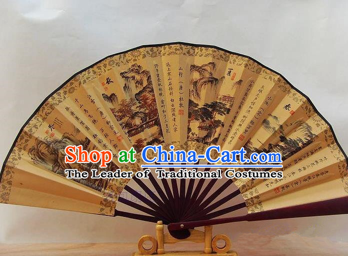 Traditional Chinese Crafts Peking Opera Folding Fan China Sensu Printing Four Seasons Scenery Accordion Silk Fan for Men