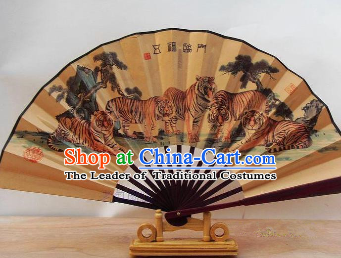 Traditional Chinese Crafts Peking Opera Folding Fan China Sensu Printing Five Tigers Accordion Silk Fan for Men