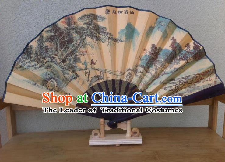 Traditional Chinese Crafts Silk Folding Fan China Sensu Ink Painting Hill Seno Accordion Fan for Men