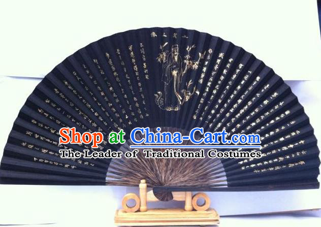 Traditional Chinese Crafts Peking Opera Folding Fan China Sensu Handmade Brown Bamboo Xuan Black Xuan Paper Fan