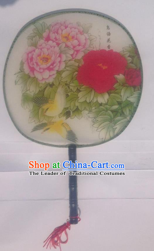 Traditional Chinese Crafts Ancient Palace Lady Dance Round Silk Fan, China Hand Painting Peony Imperial Concubine Hanfu Circular Fan for Women