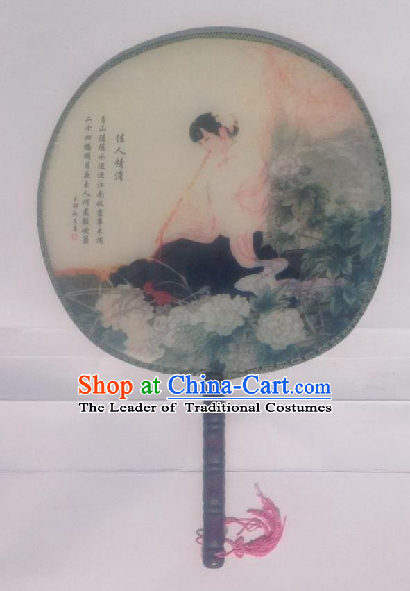 Traditional Chinese Crafts Ancient Palace Lady Dance Round Silk Fan, China Hand Painting Imperial Concubine Hanfu Circular Fan for Women