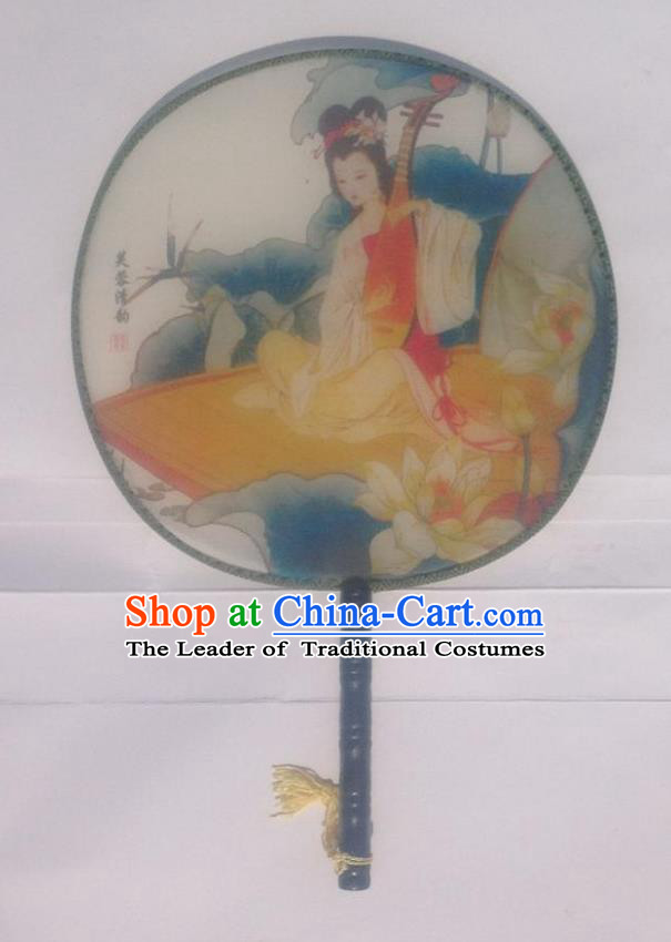Traditional Chinese Crafts Ancient Palace Lady Dance Round Silk Fan, China Hand Painting Lute Beauty Imperial Concubine Hanfu Circular Fan for Women