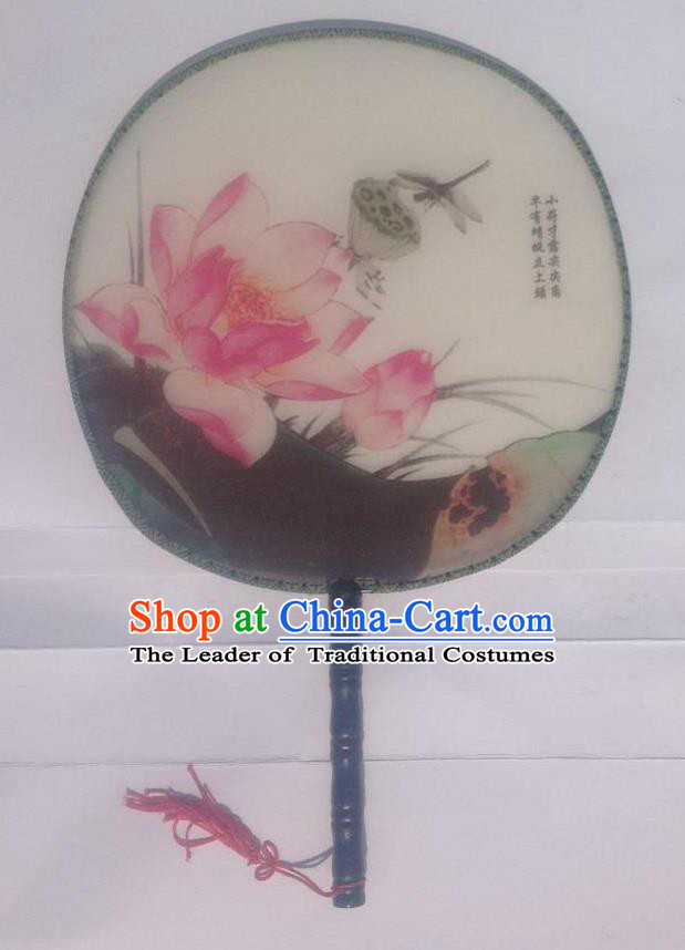 Traditional Chinese Crafts Ancient Palace Lady Dance Round Silk Fan, China Hand Painting Dragonfly Lotus Imperial Concubine Hanfu Circular Fan for Women