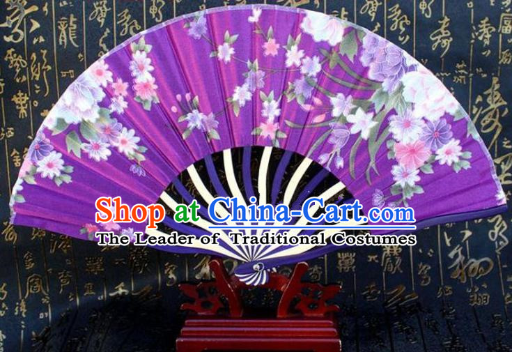 Traditional Chinese Crafts Peking Opera Folding Fan China Sensu Printing Flowers Japan Purple Silk Fan for Women