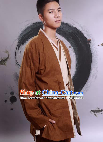 Traditional Chinese Han Dynasty Nobility Childe Hanfu Costume Brown Linen BeiZi, China Ancient Martial Arts Upper Garment Clothing for Men