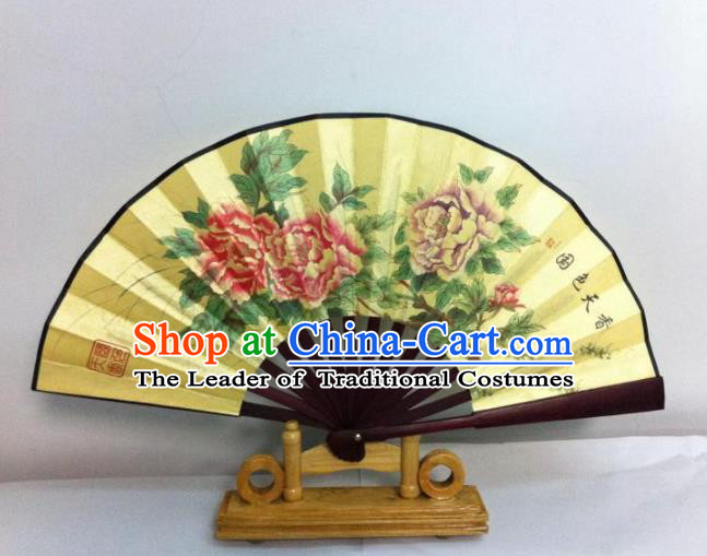 Traditional Chinese Crafts Peking Opera Folding Fan China Sensu Hand Painting Peony Chinese Silk Dance Fan for Women
