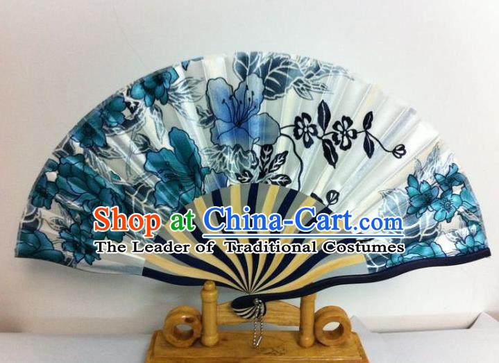 Traditional Chinese Crafts Peking Opera Folding Fan China Sensu Hand Painting Blue Flowers Chinese Silk Dance Fan for Women