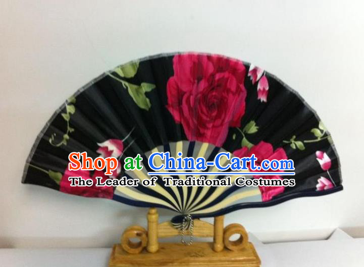 Traditional Chinese Crafts Peking Opera Folding Fan China Sensu Hand Painting Red Flowers Chinese Silk Dance Fan for Women