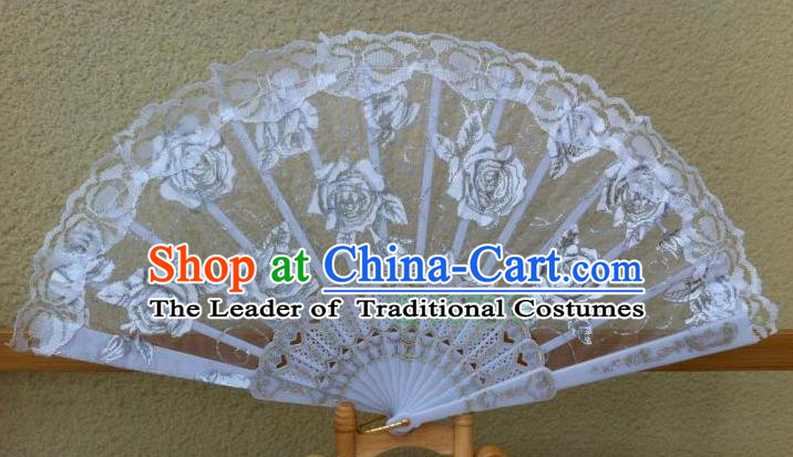 Traditional Chinese Crafts Peking Opera Folding Fan China Sensu Handmade Rose Chinese Dance White Lace Fan for Women