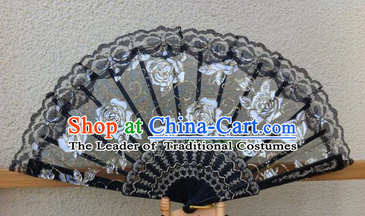 Traditional Chinese Crafts Peking Opera Folding Fan China Sensu Handmade Rose Chinese Dance Black Lace Fan for Women