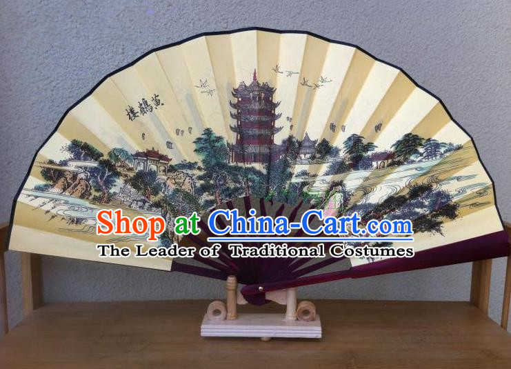 Traditional Chinese Crafts Peking Opera Folding Fan China Sensu Handmade Chinese Painting Yellow Crane Tower Silk Fan for Men