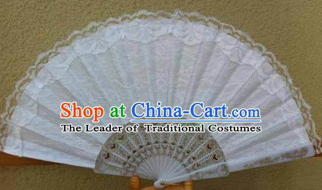 Traditional Chinese Crafts Peking Opera Folding Fan China Sensu Handmade Chinese Dance Double White Lace Fan for Women