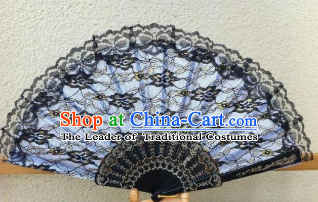 Traditional Chinese Crafts Peking Opera Folding Fan China Sensu Handmade Chinese Dance Double Black Lace Fan for Women