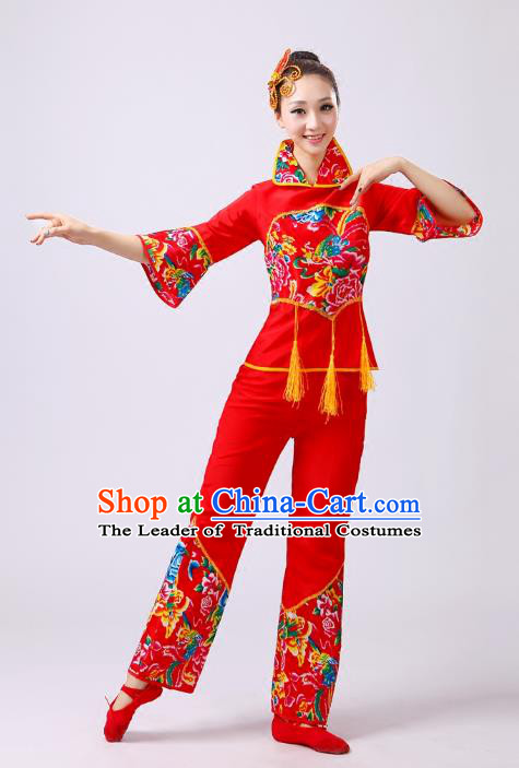 Traditional Chinese Classical Dance Yangge Fan Dance Costume, Folk Dance Drum Dance Clothing Yangko Red Uniform for Women