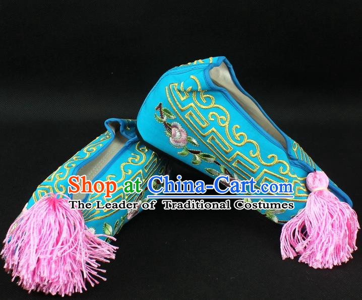 Traditional China Beijing Opera Hua Tan Diva Embroidered Shoes, Ancient Chinese Peking Opera Young Lady Princess Blue Blood Stained Shoes
