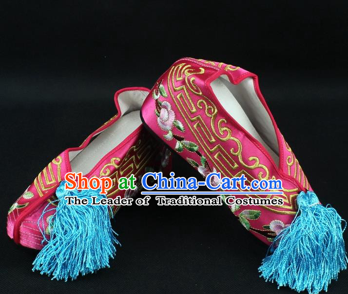Traditional China Beijing Opera Hua Tan Diva Embroidered Shoes, Ancient Chinese Peking Opera Young Lady Princess Peach Pink Blood Stained Shoes