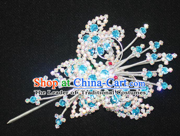 Traditional China Beijing Opera Young Lady Hair Accessories Tassel Step Shake, Ancient Chinese Peking Opera Hua Tan Headwear Diva Blue Crystal Empress Butterfly Hairpins