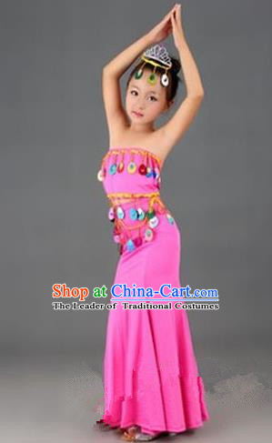 Traditional Chinese Dai Nationality Peacock Dance Costume, Folk Dance Ethnic Costume, Chinese Minority Nationality Dance Pink Dress for Kids