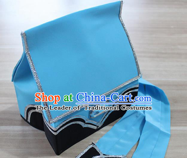 Traditional China Beijing Opera Young Men Hair Accessories Headwear, Ancient Chinese Peking Opera Niche Hat Blue Kerchief