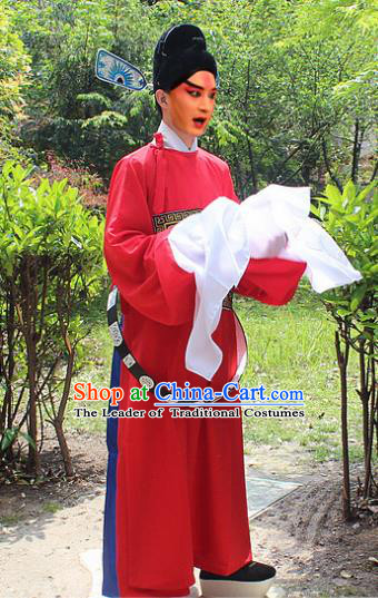 Traditional China Beijing Opera Niche Costume Lang Scholar Red Embroidered Robe and Headwear, Ancient Chinese Peking Opera Embroidery Magistrate Gwanbok Clothing