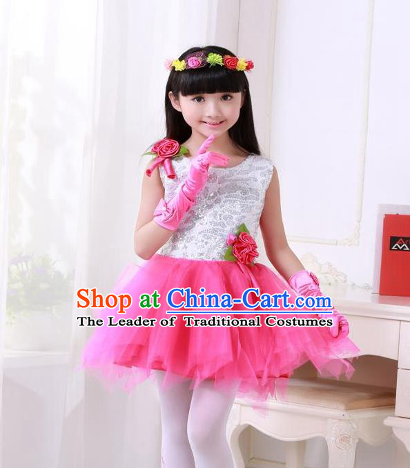 Top Grade Chinese Compere Professional Performance Catwalks Costume, Children Princess Rosy Veil Bubble Full Dress Modern Dance Dress for Girls Kids