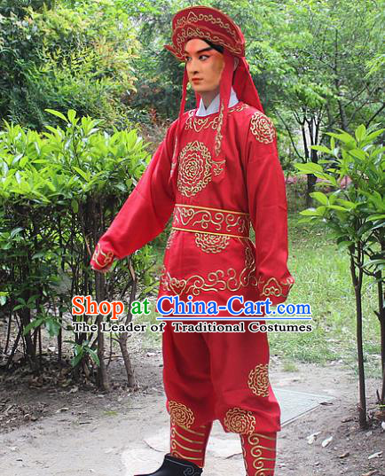 Traditional China Beijing Opera Costume Swordsman Takefu Embroidered Red Uniform and Headwear, Ancient Chinese Peking Opera Embroidery Warrior Clothing