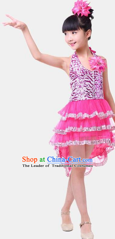 Top Grade Chinese Compere Professional Performance Catwalks Costume, Children Pink Bubble Dress Modern Dance Dress for Girls Kids