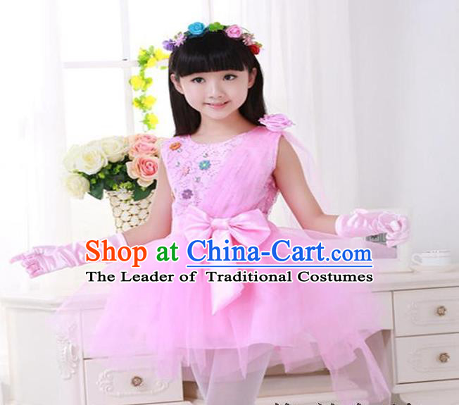Top Grade Chinese Compere Professional Performance Catwalks Costume, Children Princess Pink Veil Bubble Dress Modern Dance Dress for Girls Kids