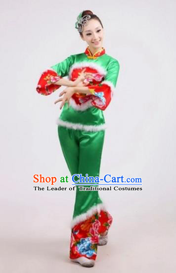 Traditional Chinese Classical Dance Yangge Fan Dance Embroidery Peony Green Costume, Folk Dance Waist Drum Dance Clothing Yangko Uniform for Women