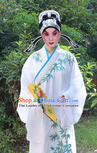 Traditional China Beijing Opera Niche Costume Lang Scholar White Embroidered Robe and Headwear, Ancient Chinese Peking Opera Embroidery Gwanbok Clothing