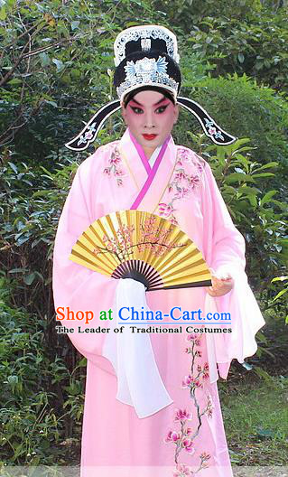 Traditional China Beijing Opera Niche Costume Scholar Embroidered Robe and Headwear, Ancient Chinese Peking Opera Embroidery Pink Xiucai Gwanbok Clothing