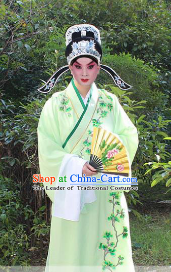 Traditional China Beijing Opera Niche Costume Scholar Embroidered Robe and Headwear, Ancient Chinese Peking Opera Embroidery Green Xiucai Gwanbok Clothing