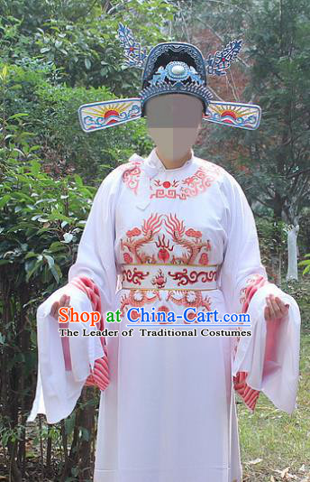 Traditional China Beijing Opera Niche Costume Lang Scholar White Embroidered Robe and Hat, Ancient Chinese Peking Opera Embroidery Emperor Son-in-law Gwanbok Clothing