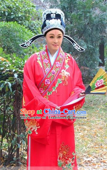 Traditional China Beijing Opera Niche Costume Scholar Red Embroidered Robe and Hat, Ancient Chinese Peking Opera Embroidery Chrysanthemum Clothing