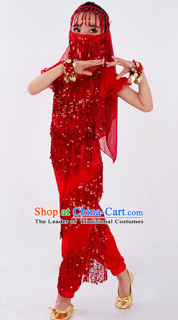 Traditional Indian Classical Dance Belly Dance Costume and Headwear, India China Uyghur Nationality Dance Clothing Red Uniform for Kids