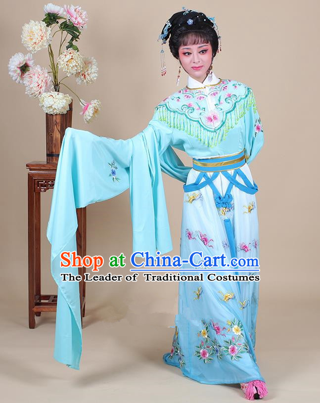 Traditional China Beijing Opera Young Lady Hua Tan Costume Female Princess Clothing, Ancient Chinese Peking Opera Diva Embroidery Blue Dress