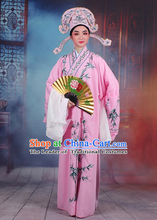 Traditional China Beijing Opera Niche Costume Gifted Scholar Pink Embroidered Robe and Headwear, Ancient Chinese Peking Opera Embroidery Bamboo Clothing