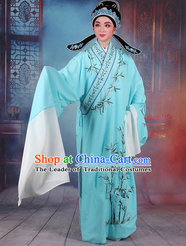 Traditional China Beijing Opera Niche Costume Gifted Scholar Blue Embroidered Robe and Headwear, Ancient Chinese Peking Opera Embroidery Bamboo Clothing