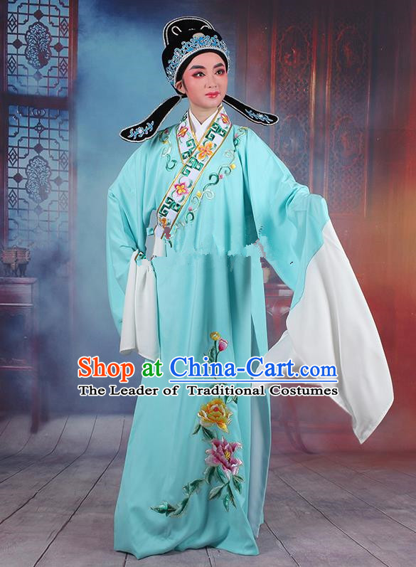 Traditional China Beijing Opera Young Men Costume Lang Scholar Blue Embroidered Robe, Ancient Chinese Peking Opera Niche Embroidery Clothing