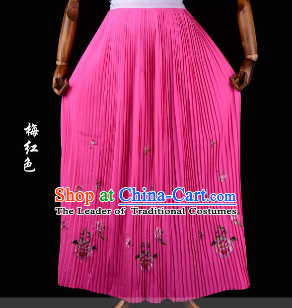 Traditional China Beijing Opera Young Lady Hua Tan Costume Female Embroidered Plum Red Pleated Skirt, Ancient Chinese Peking Opera Diva Embroidery Peony Dress Bust Skirt