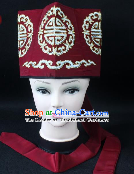 Traditional China Beijing Opera Hair Accessories Lao-Sheng Hat, Ancient Chinese Peking Opera Embroidery Amaranth Landlord Hat